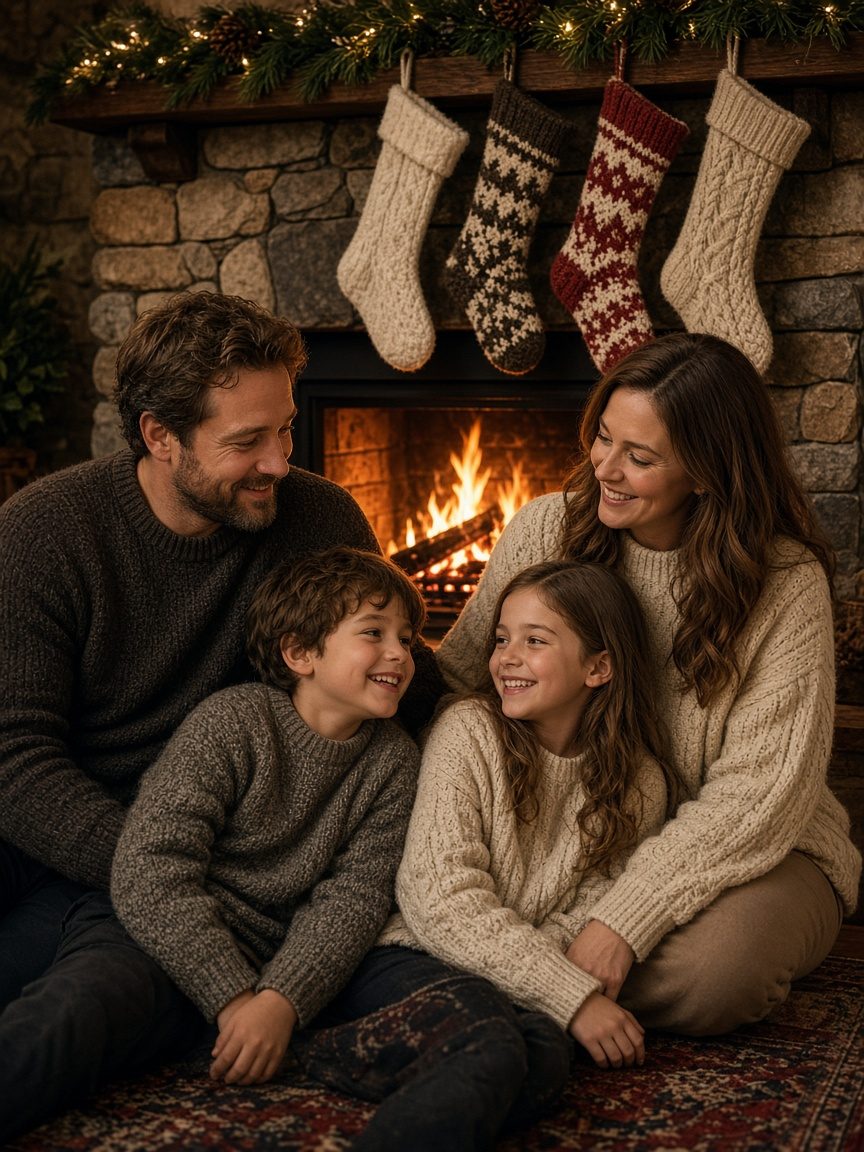 AI-generated family portrait by the fireplace