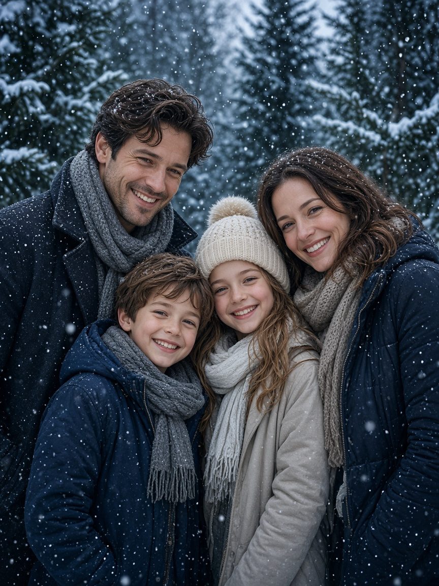 AI-generated family portrait in falling snow