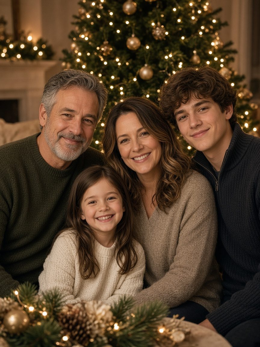 AI-generated Christmas family portrait under a lit tree